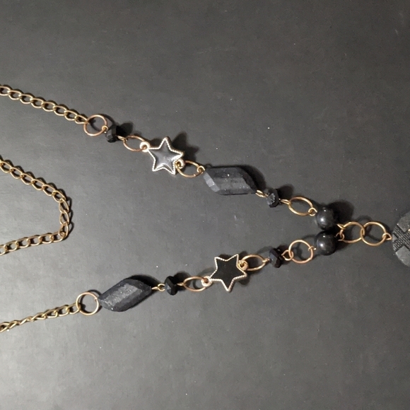 Gold Tone Black Beads Stars Dangle Statement Necklace - Picture 3 of 3